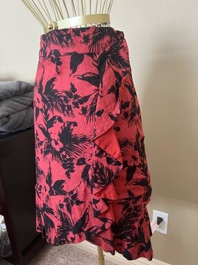 Oasis Red and Black Floral Ruffle Midi Skirt